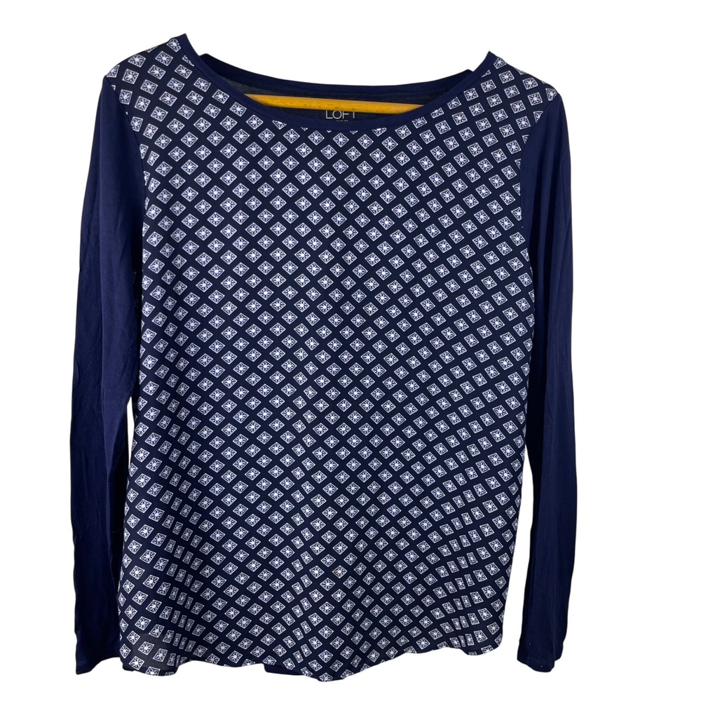 LOFT Navy Blue & White Geometric Print Long Sleeve Top Size‎ M
